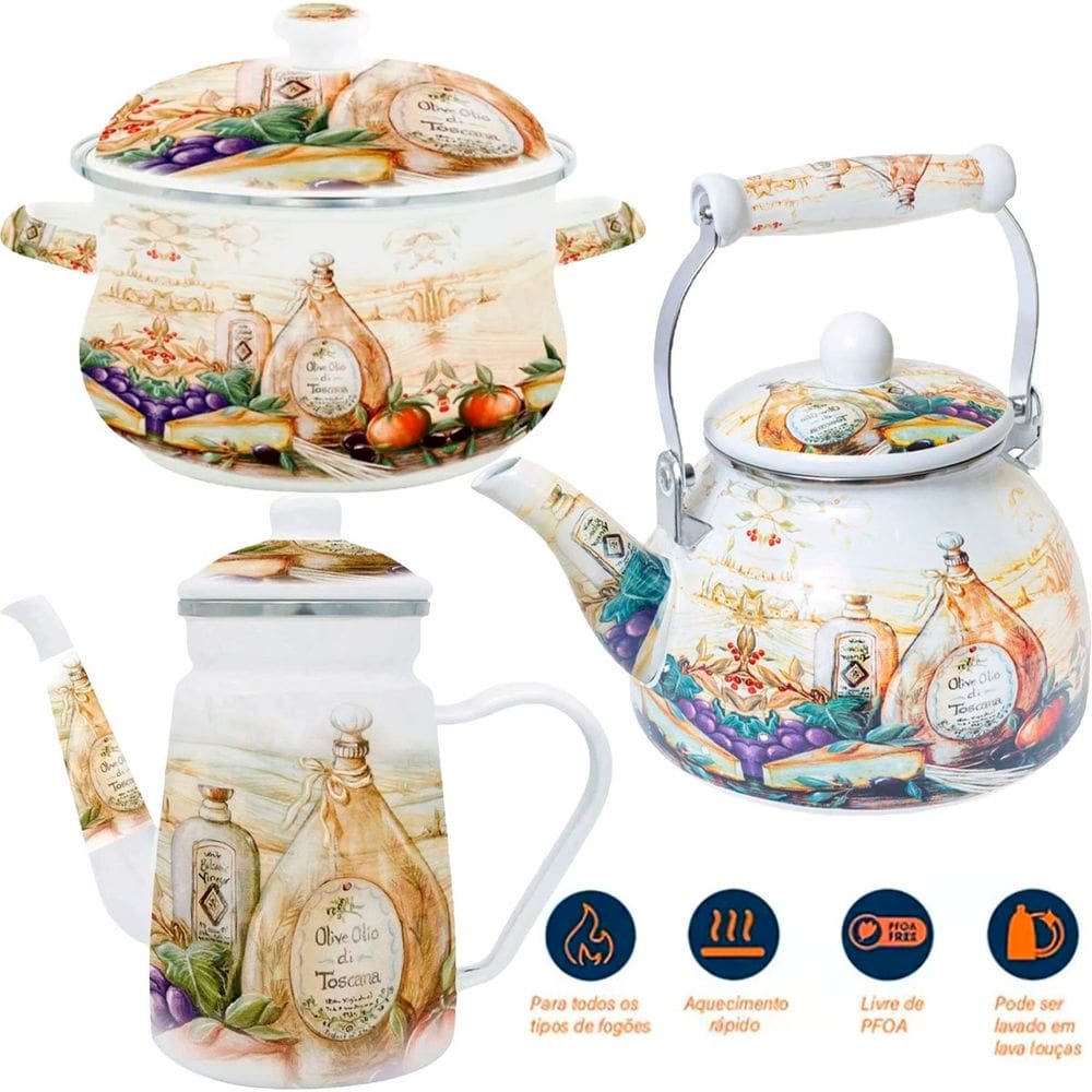 Trio Panela Chaleira Bule Italy Esmaltados Vintage À Indução