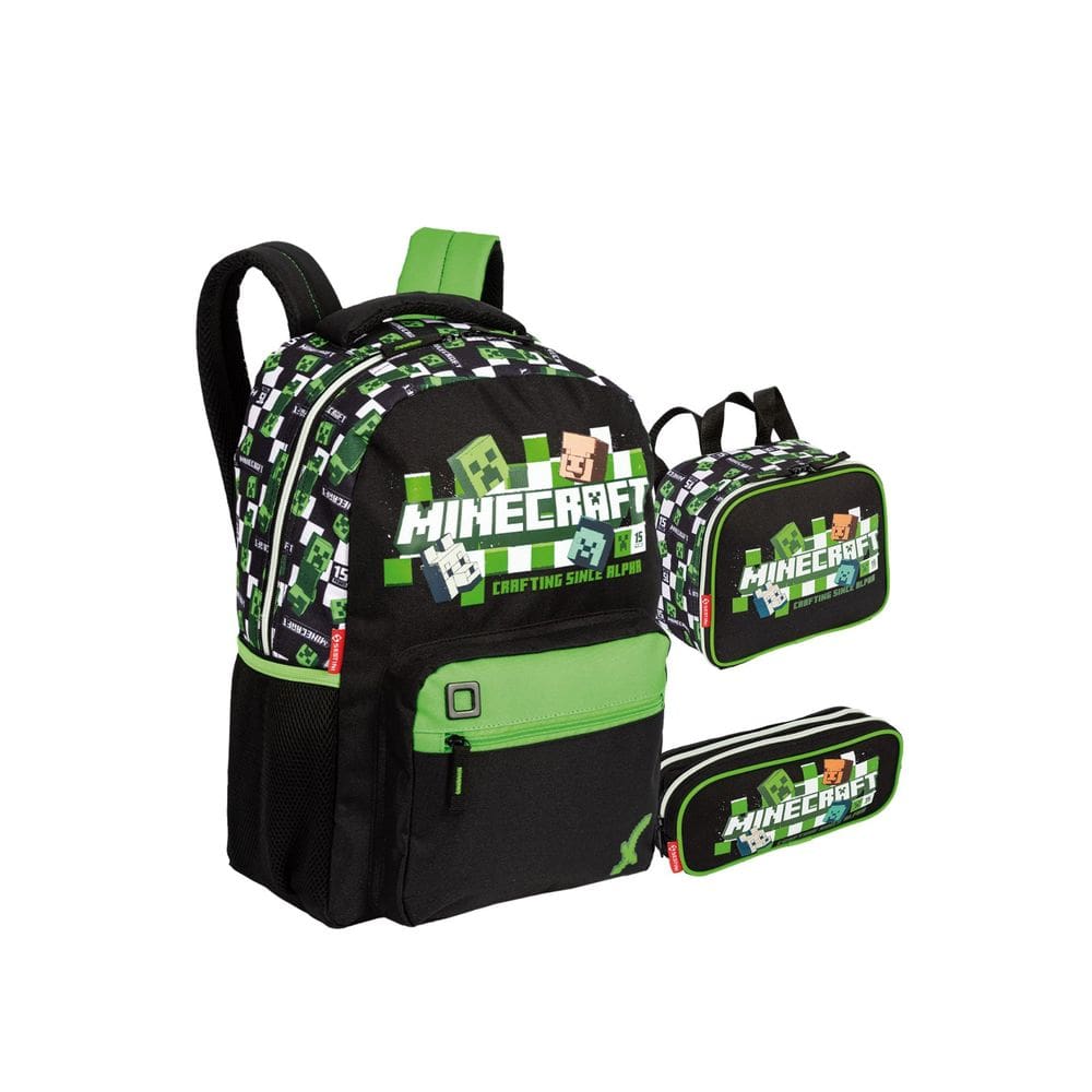 Kit Mochila Costas Minecraft Lancheira Estojo Duplo Escolar