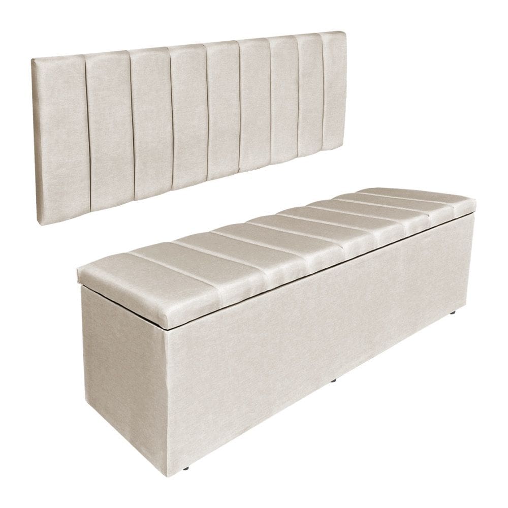 Kit Cabeceira Painel e Calçadeira Baú Casal Queen 1,60m Londres Veludo Bege Dal Poz Estofados