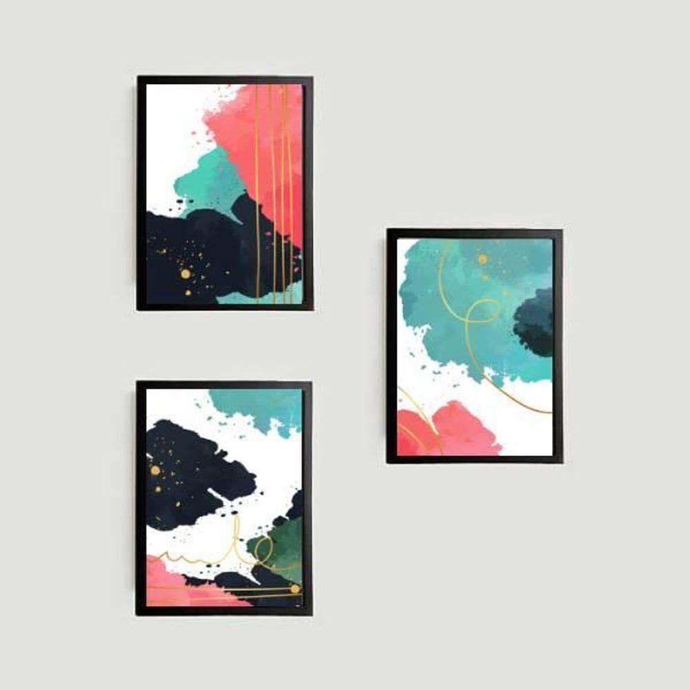 Kit 3 Quadros Abstratos Coloridos 45X34Cm Com Vidro Preta