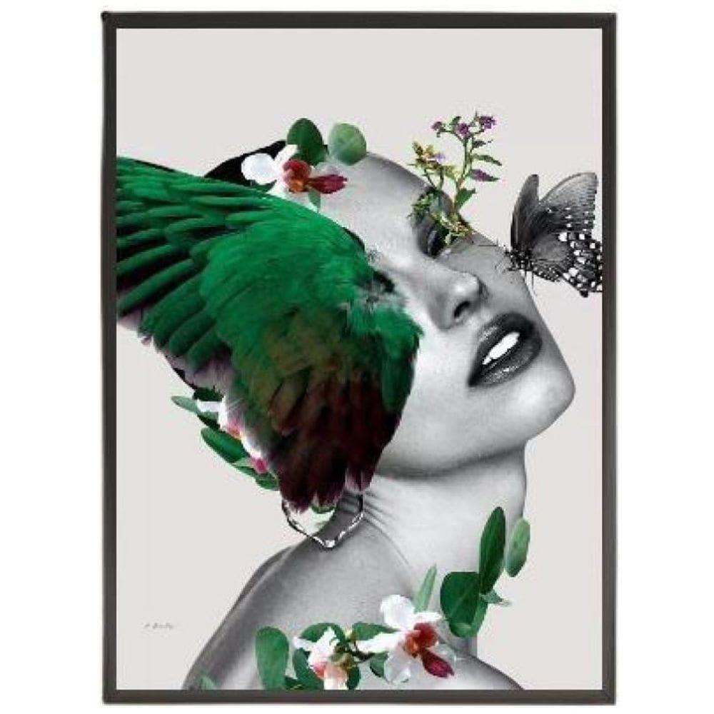 Quadro Decorativo Rosto Mulher Com Asa 33X24 C/Vidro - Preta