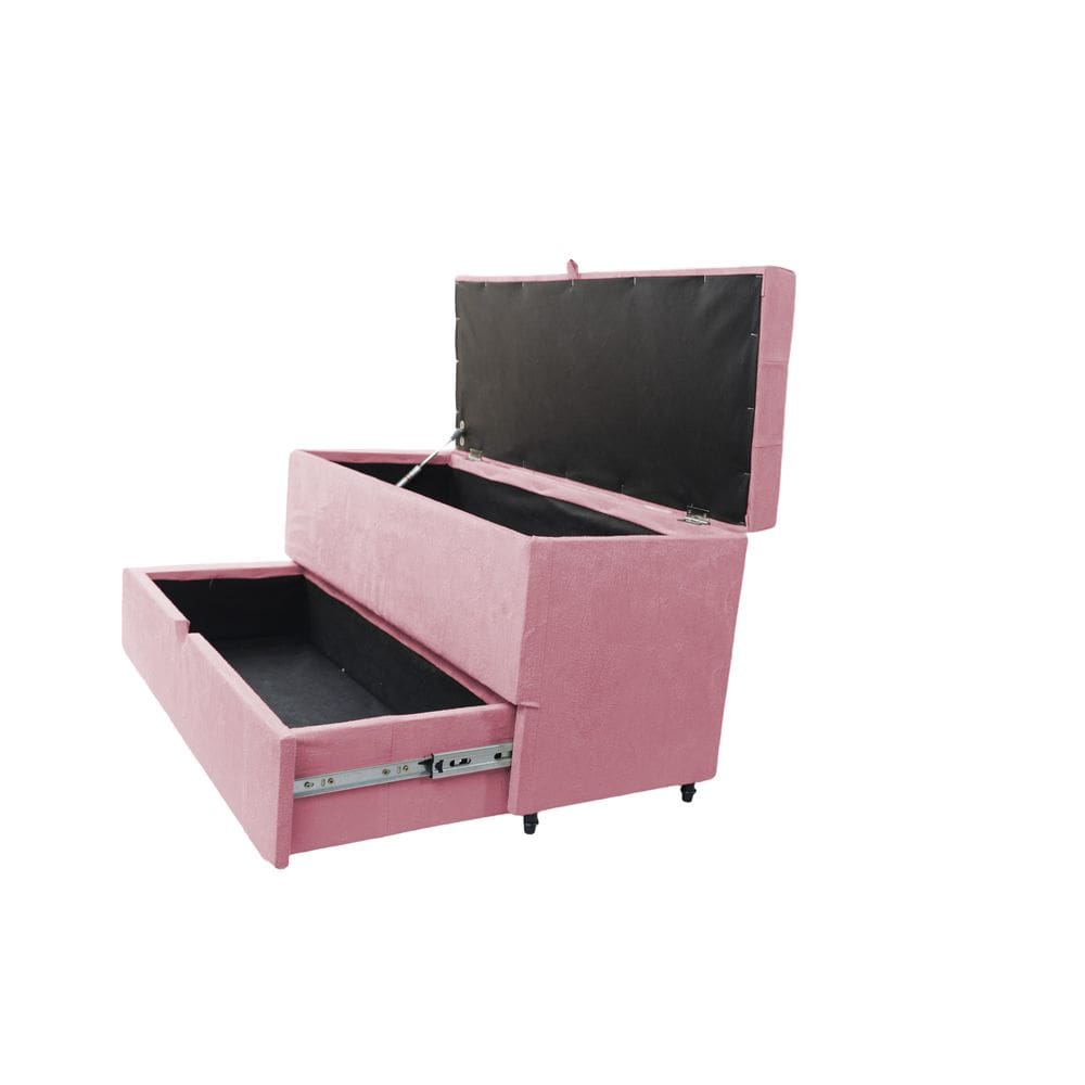 Recamier Puff Baú Sapateira E Gaveta 90 Cm Para Cama De Solteiro- Rosa Claro