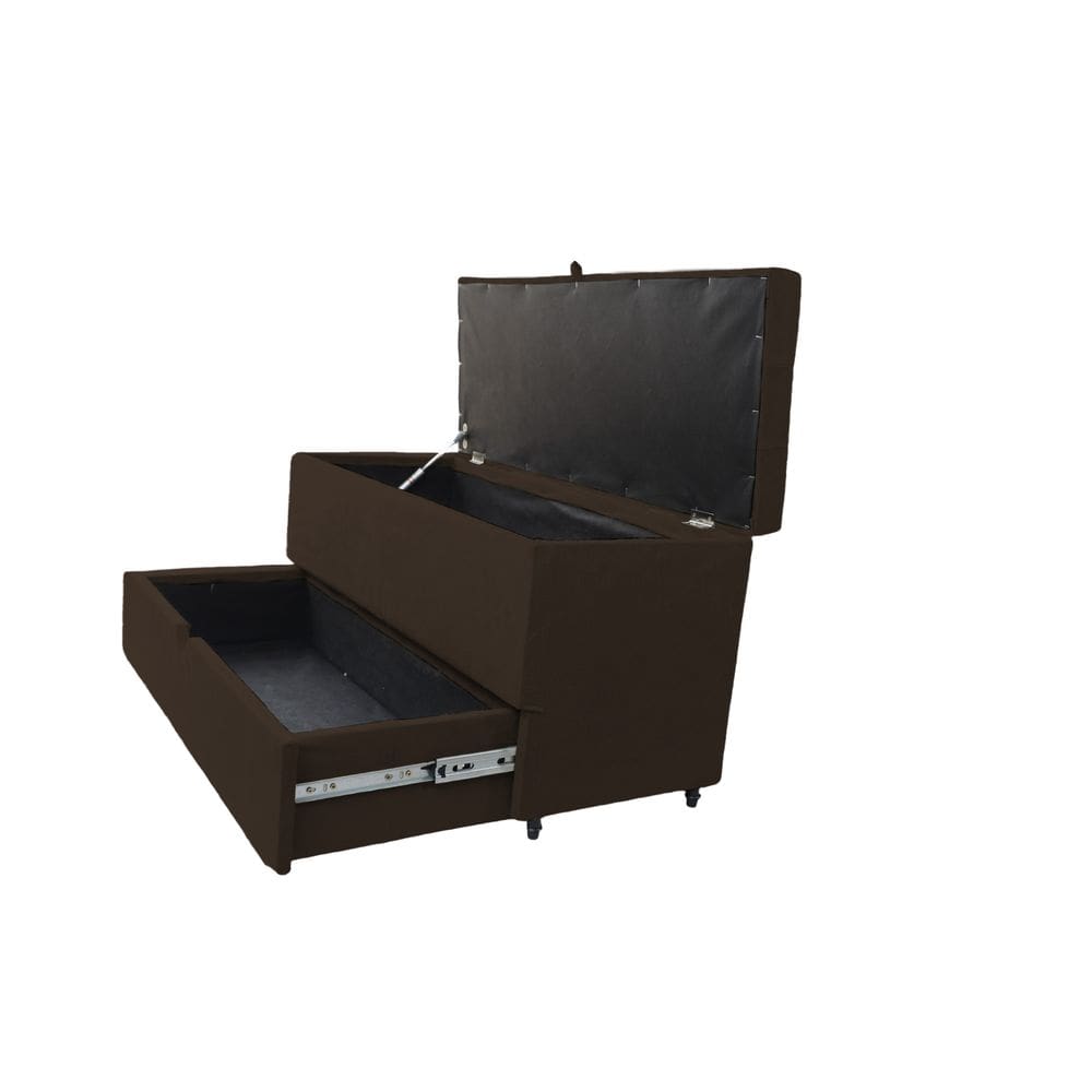 Recamier Puff Baú Sapateira E Gaveta 90 Cm Para Cama De Solteiro- Marrom Corino