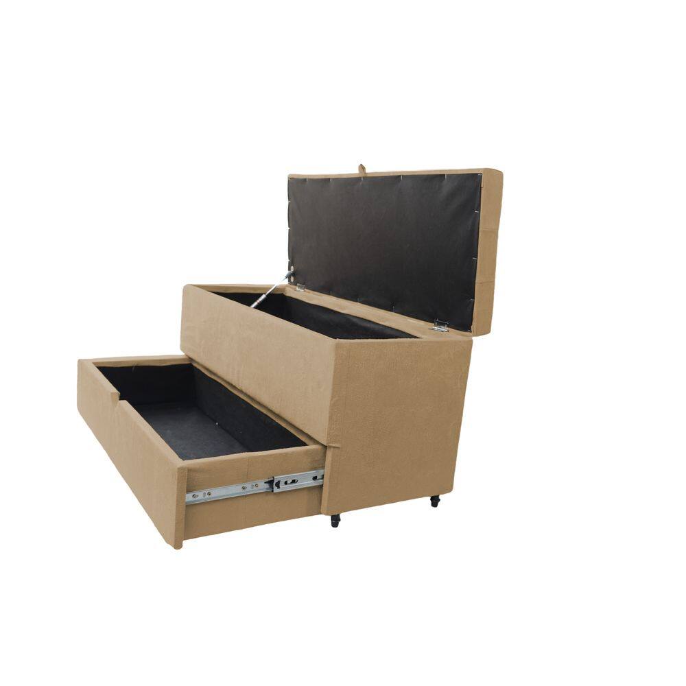 Recamier Puff Baú Sapateira E Gaveta 90 Cm Para Cama De Solteiro- Bege Escuro