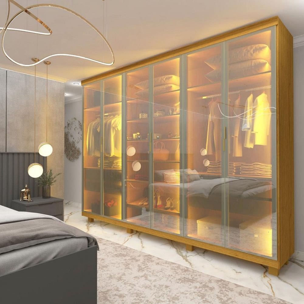 Guarda Roupa Casal com Vidro Reflecta LED e Pés 6 Portas 100 MDF Imperatriz Gelius