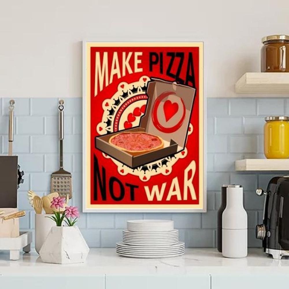 Quadro Make Pizza Not War Moldura Branca Com Vidro 24X18Cm