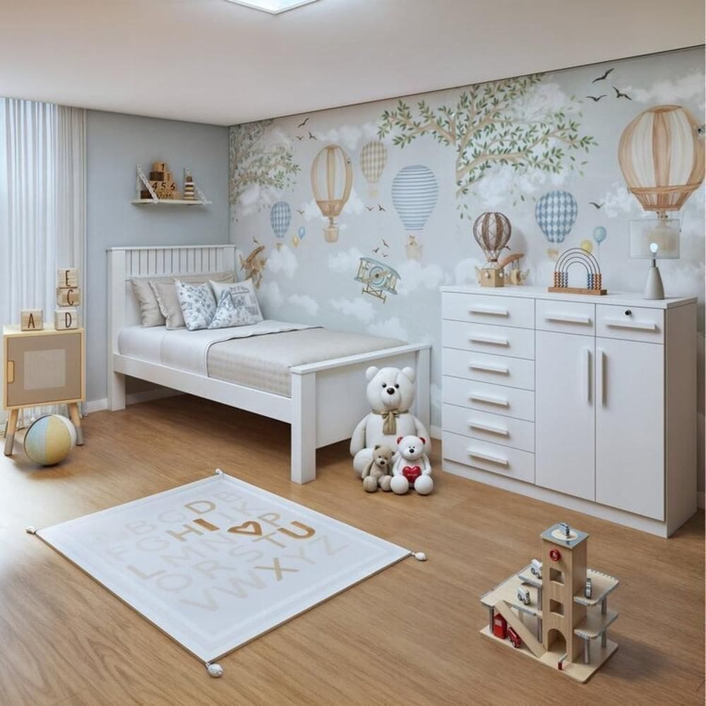 Quarto Infantil com Cama Solteiro Athenas e Cômoda 8 Gavetas 2 Portas Toronto Branco