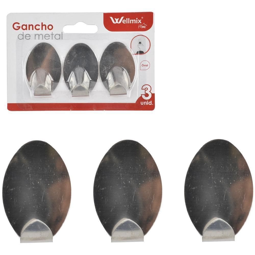 Gancho De Inox Oval Autoadesivo Com 3 Pecas 5X3,5Cm Cartela