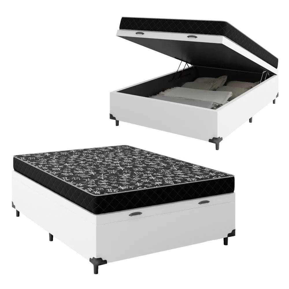 Cama Box Baú Viúva 128 Tecido Sintético Branco Com Colchão Espuma D20 - Tampo Preto Bello Box 12cm