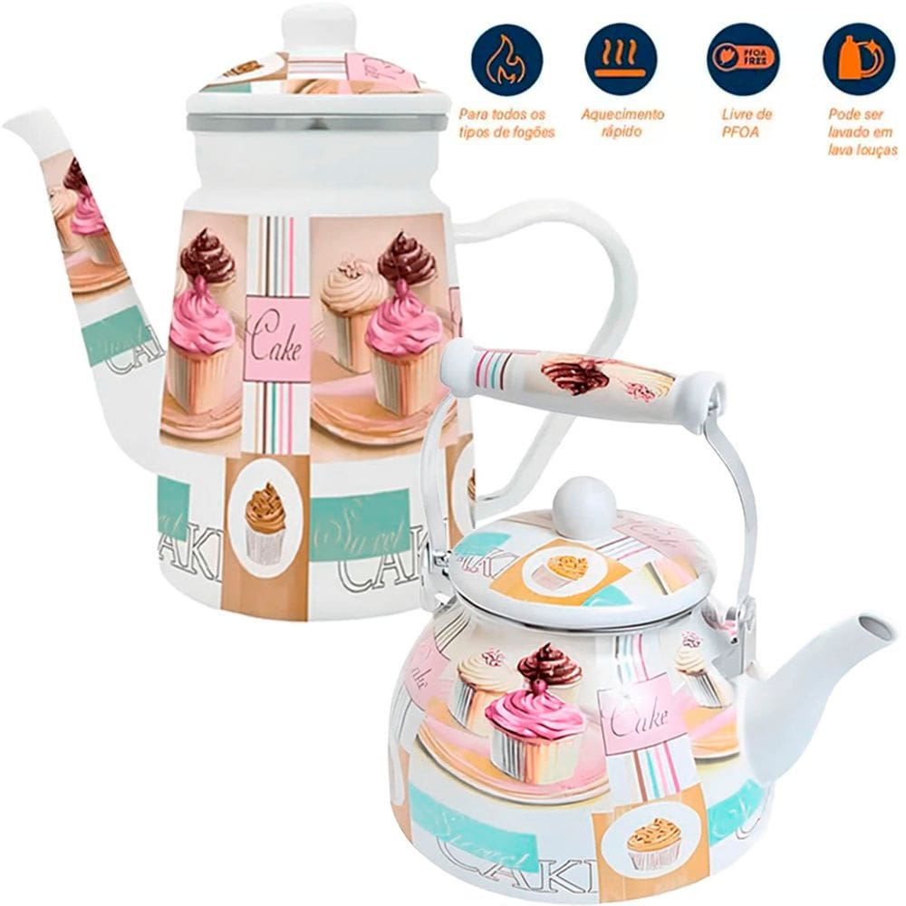 Kit Chaleira 2,5L Bule 1,2L Cake Esmaltados Indução Vintage