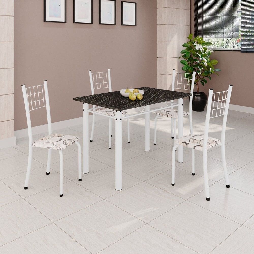 Conjunto de Mesa Tubular 100x60cm com Tampo e 4 Cadeiras Dany Arabesco/Branco