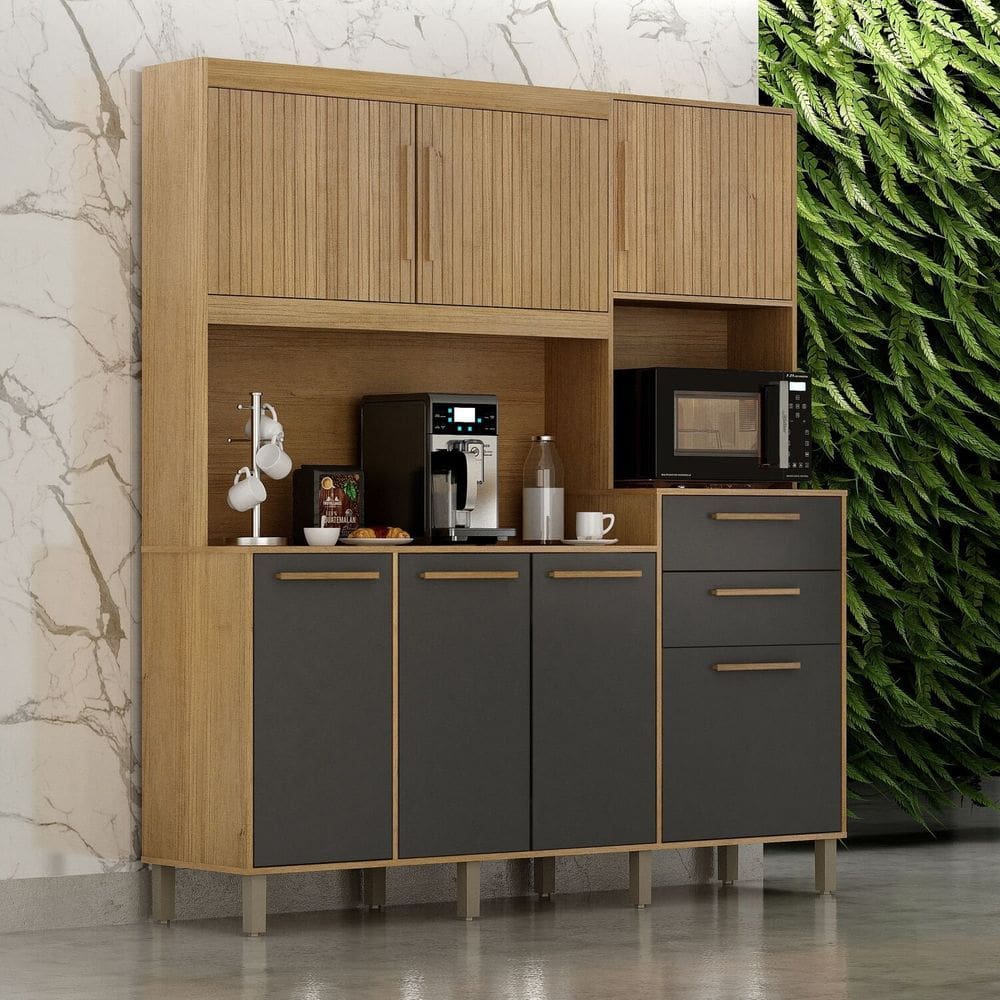 Armário de Cozinha 7 Portas 2 Gavetas Quartzo Cinamomo/Grafite