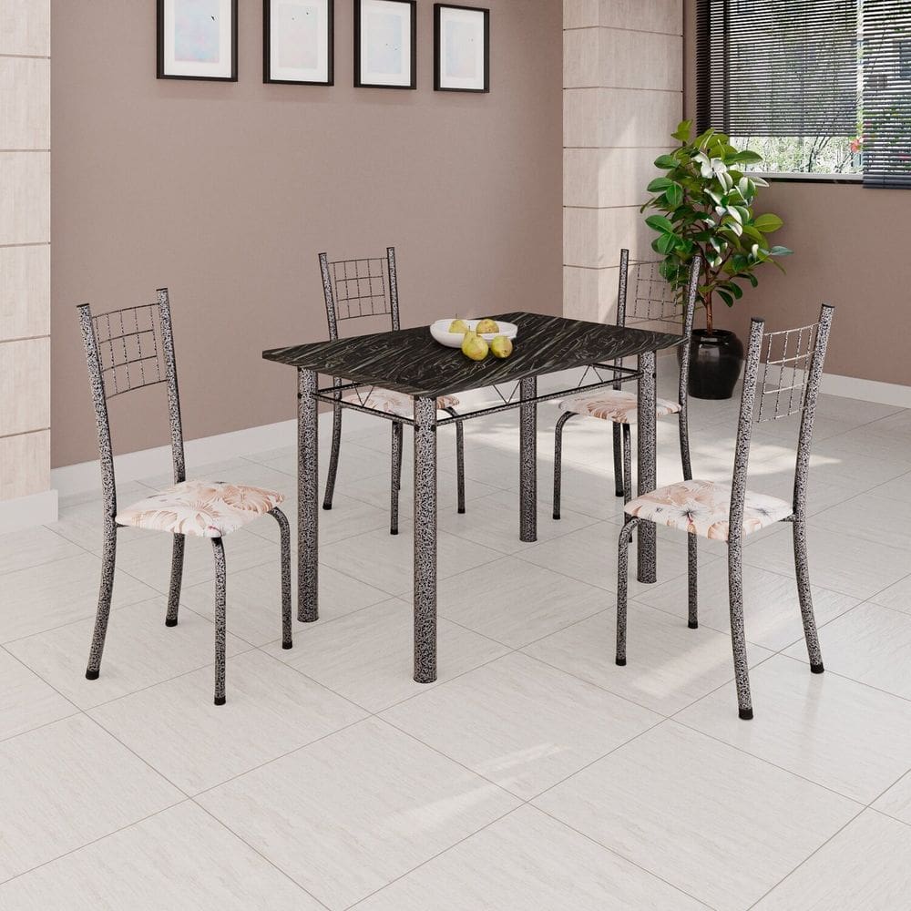 Conjunto de Mesa Tubular 100cm X 60cm com Tampo e 4 Cadeiras Dany Bege/Prata