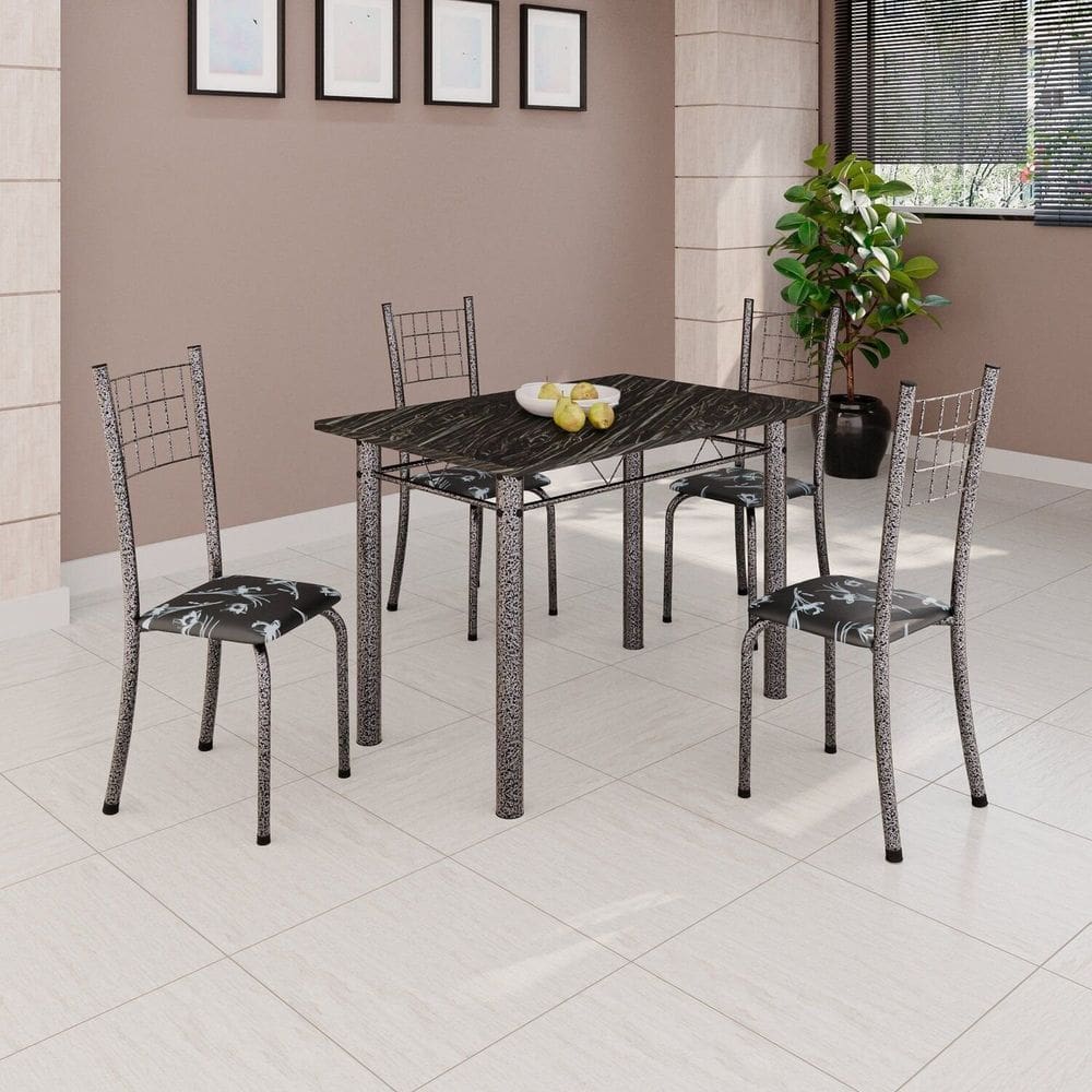 Conjunto de Mesa Tubular 100cm X 60cm com Tampo e 4 Cadeiras Dany Preto/Prata