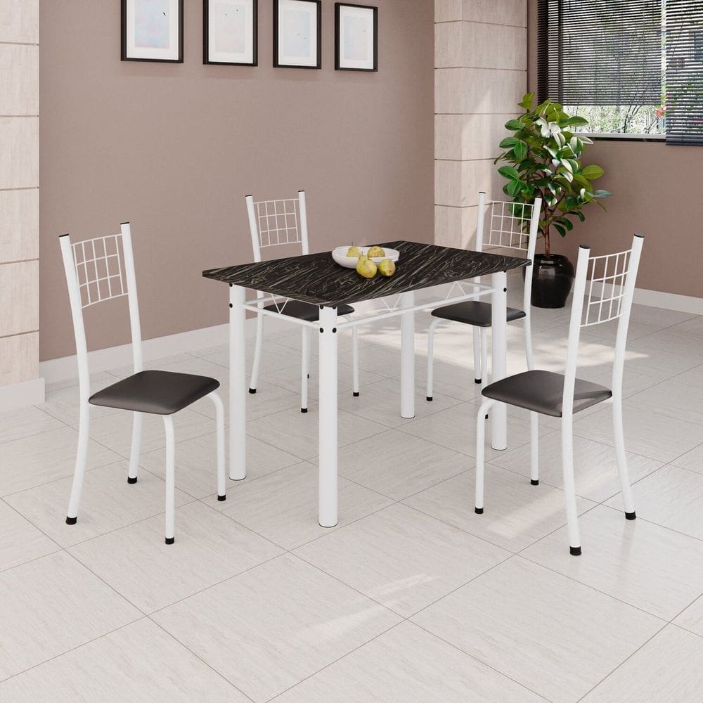 Conjunto de Mesa Tubular 100x60cm com Tampo e 4 Cadeiras Dany Preto/Branco
