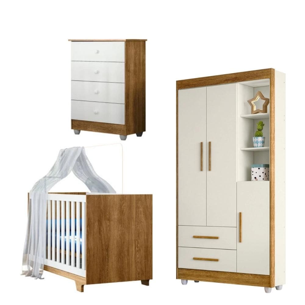 Quarto Bebê c/ Berço Mini Cama,Guarda Roupa,Cômoda e Colchão