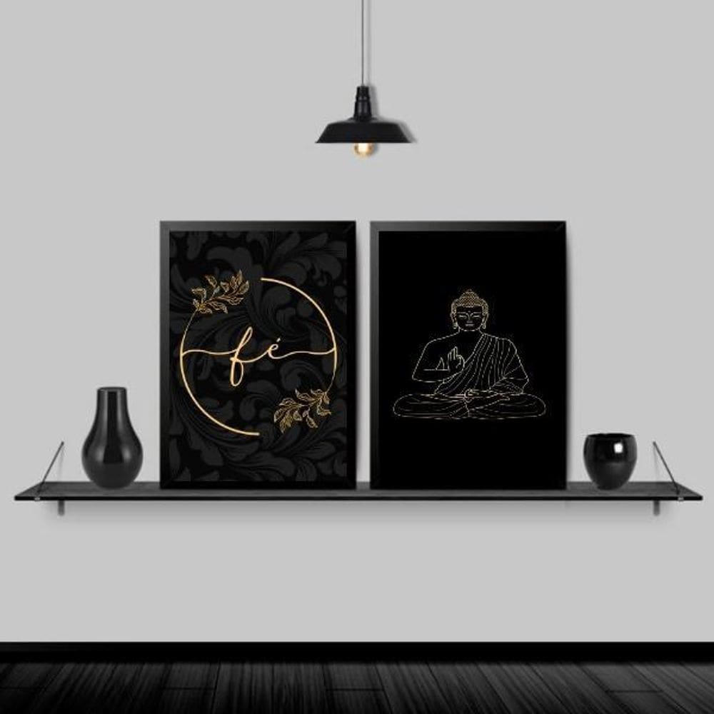 Kit 2 Quadros Buda Fé Preto Com Dourado 33X24 Moldura Preta