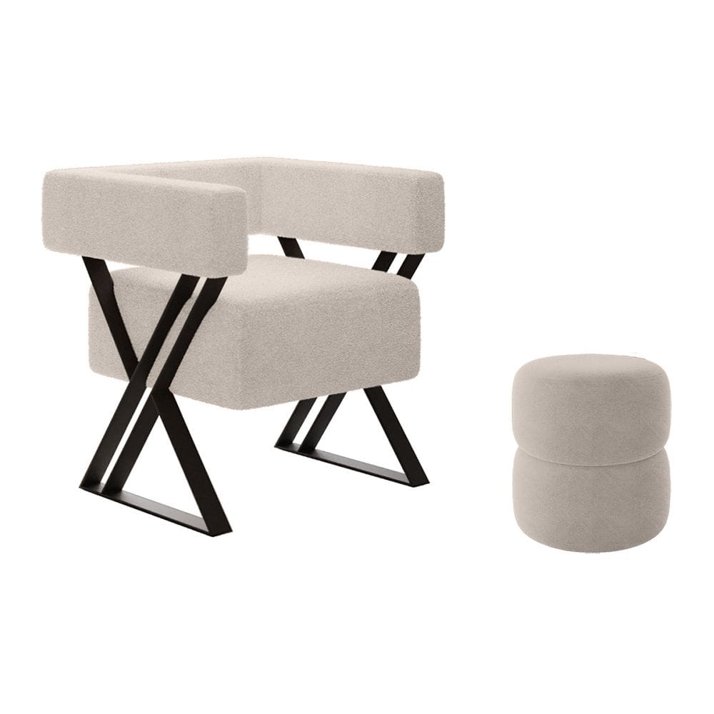Poltrona Decorativa Sala de Estar Miralys com Puff Decorativo Yaris Bouclê Bege - Desk Design