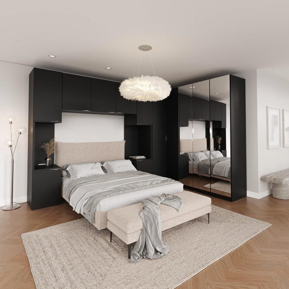 Guarda Roupa Modulado de Casal com Espelho 12 Portas 6 Peças e 2 Mesas de Cabeceira Hera CabeCasa MadeiraMadeira Preto