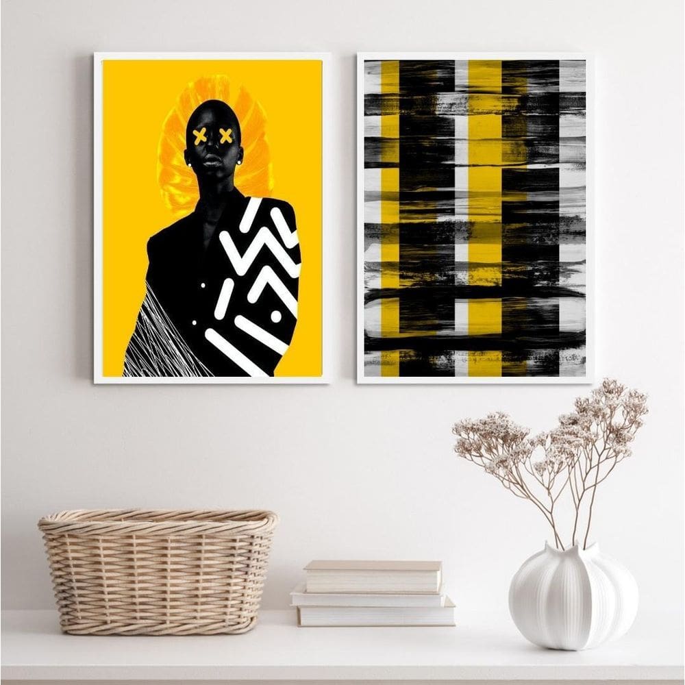 Kit 2 Quadros Modernos Preto/Amarelo Mulher 45x34cm - Vidro