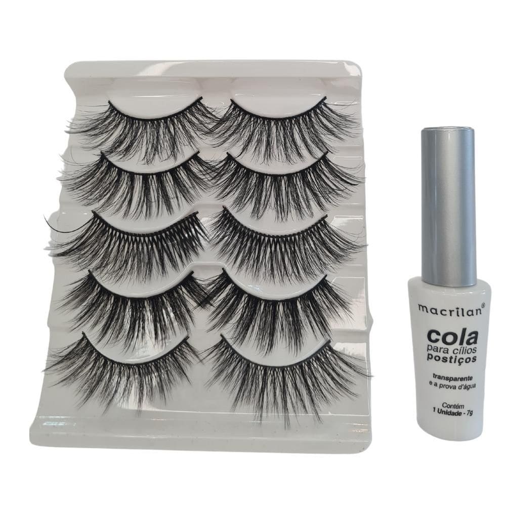 Kit Macrilan Cola Cílios Postiços+Cílios 3D 5 Pares Tipo:55