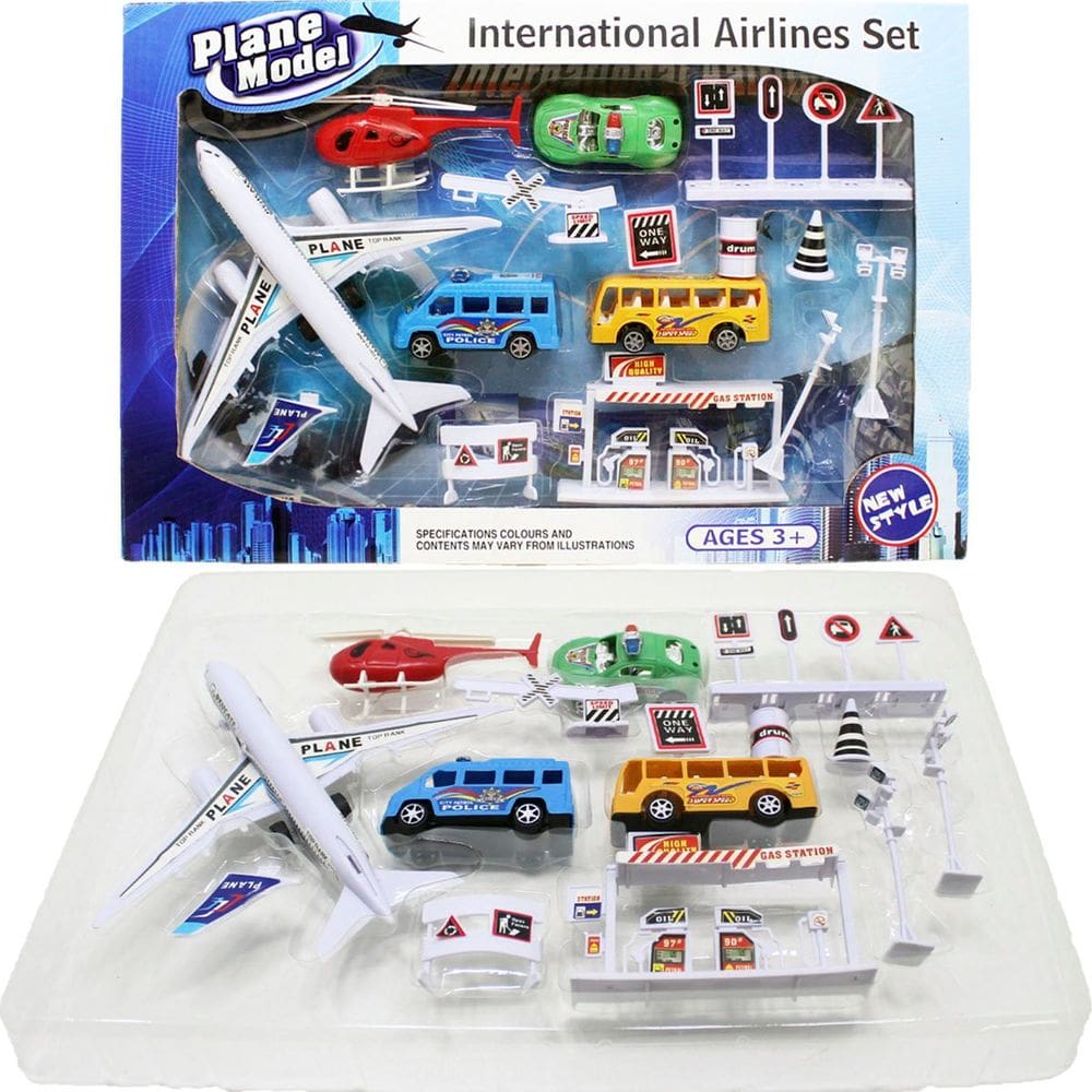 Kit Brinquedo Aeroporto Com 14Pçs Avião helicóptero Ônibus