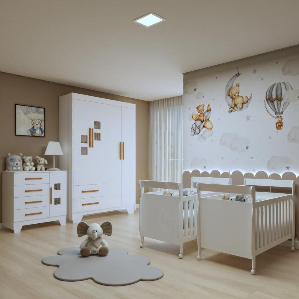 Quarto de Bebê Completo Gêmeos com Guarda-roupa, 2 Berços e Cômoda Gael Branco