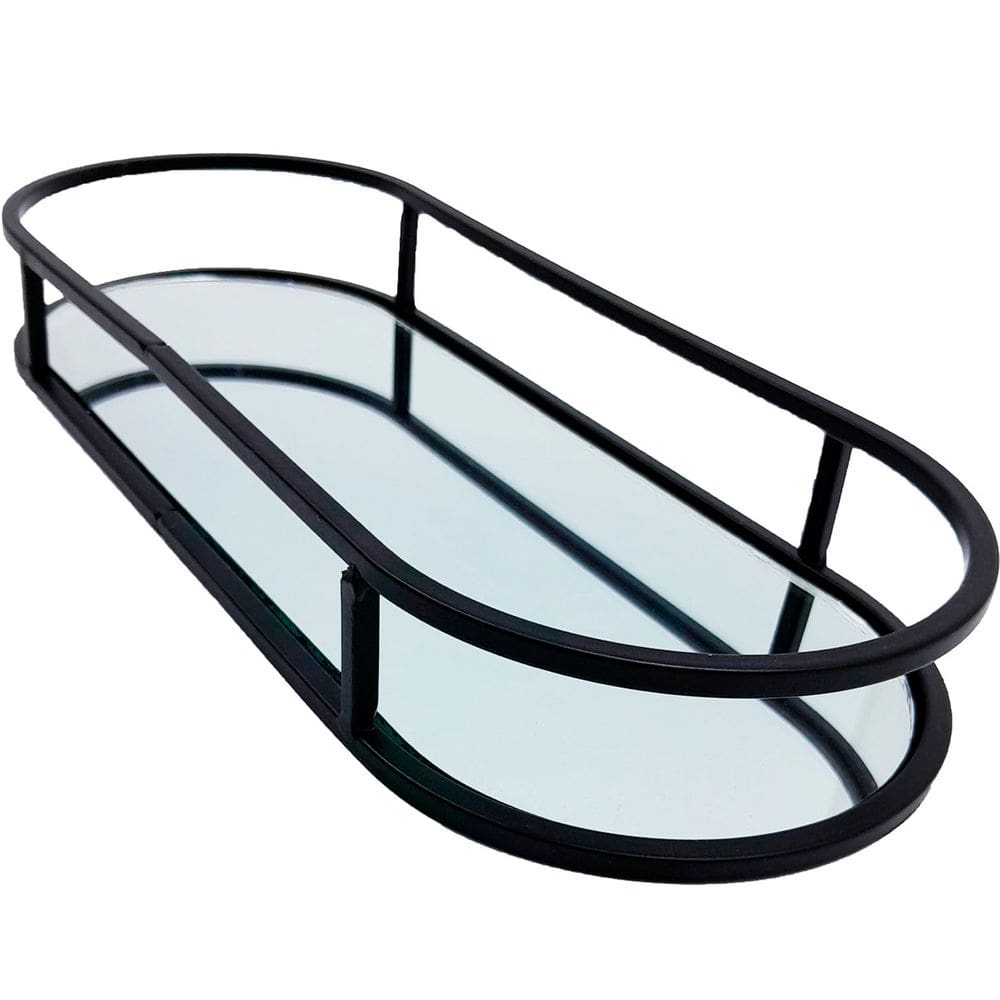Bandeja Espelhada Oval Metal Preto Lavabo Multiuso 30x12cm