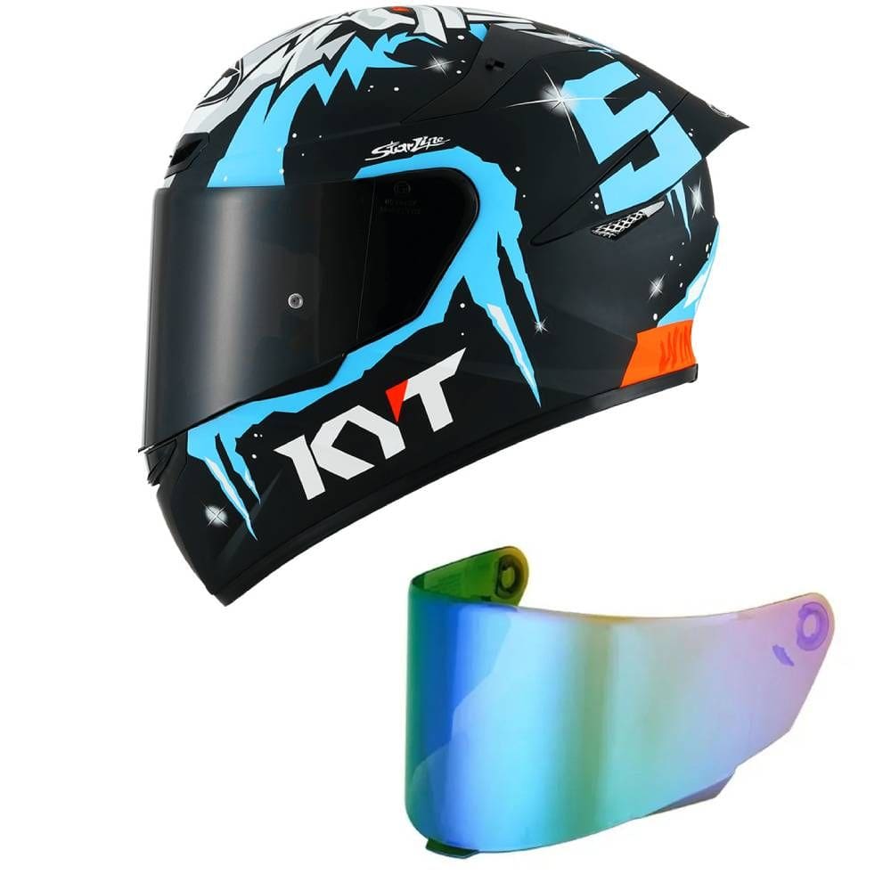 Capacete KYT TT Course Masia Winter Test Preto e Azul Brilhante Mais Viseira Camaleão