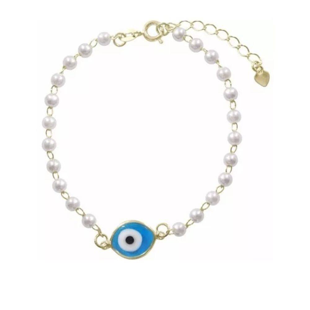 Pulseira Olho Grego Pérolas Delicado Folheado Ouro 18k
