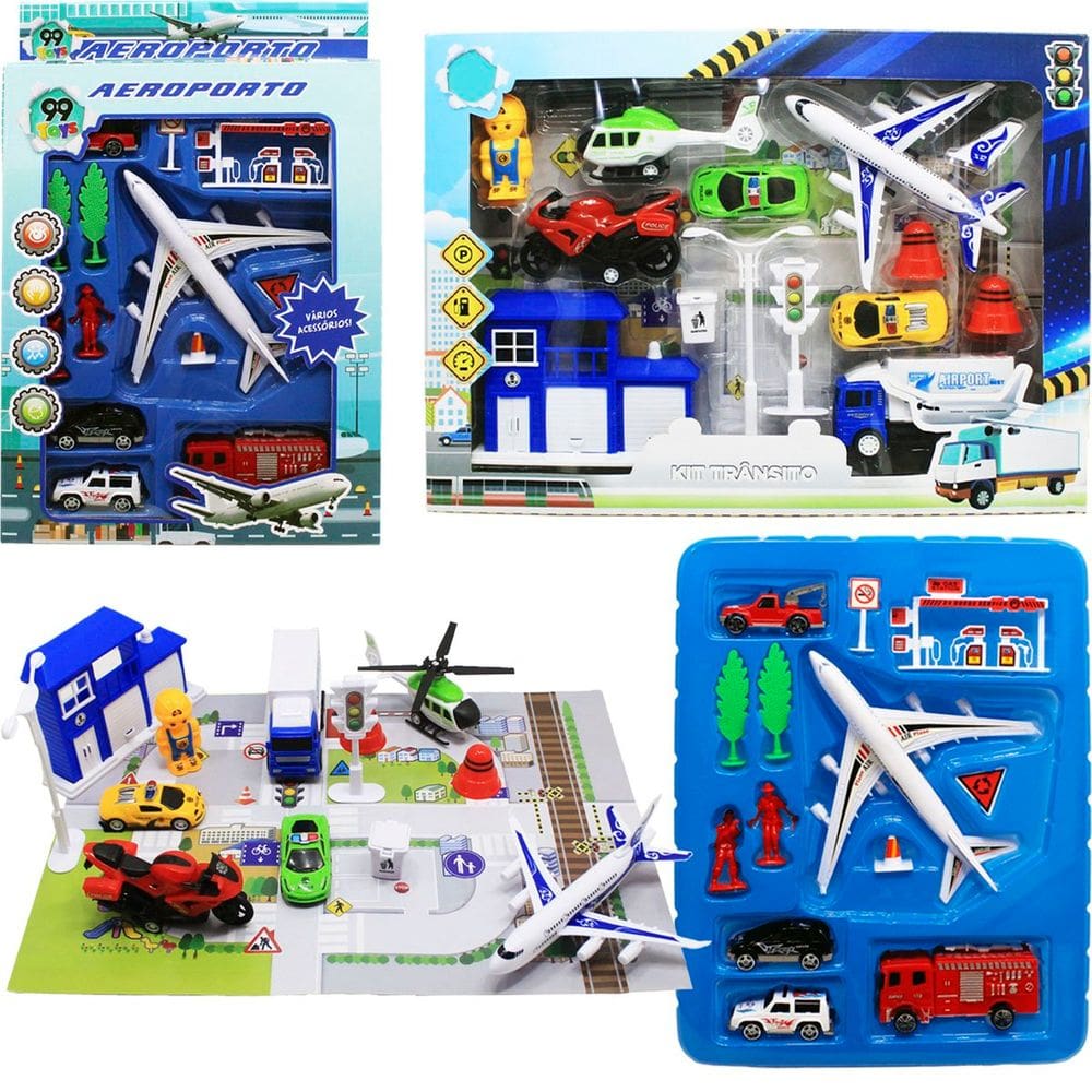 Kit Brinquedo Aeroporto Com 26Pçs Helicóptero Avião Carrinho