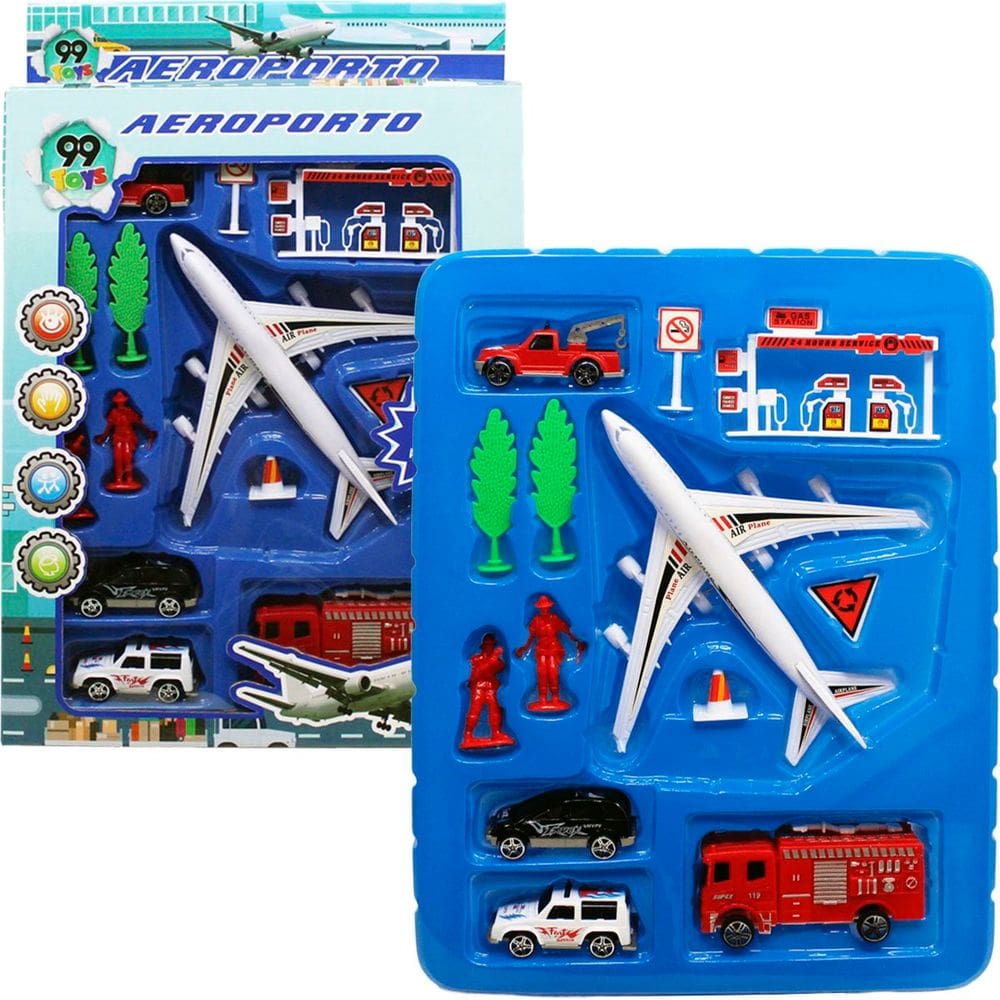 Kit Brinquedo Aeroporto Com 13Pçs Avião helicóptero Carrinho