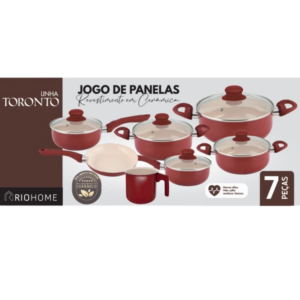 Jogo De Panela Antiaderente Linha Toronto Vermelho Com tampa De Vidro 7 Peças Rio home
