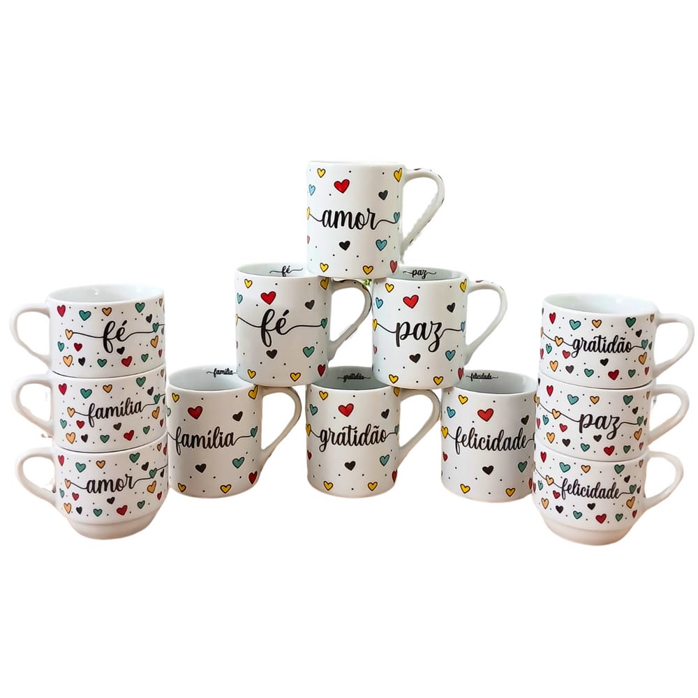 Jogo 6 canecas 300ml + 6 xicaras 200ml -Frases Motivacionais