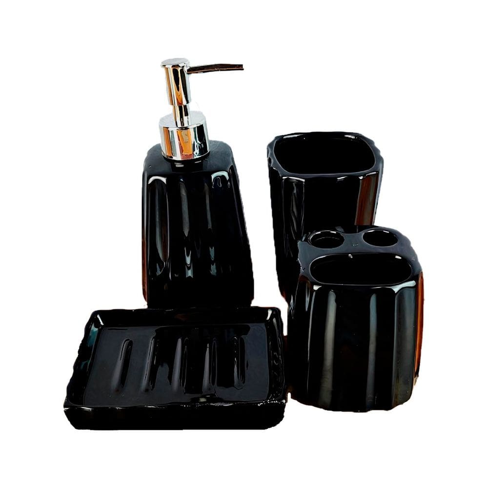 Kit 4Pçs Banheiro Lavabo Luxo Modelagem 3D Preto Cerâmica
