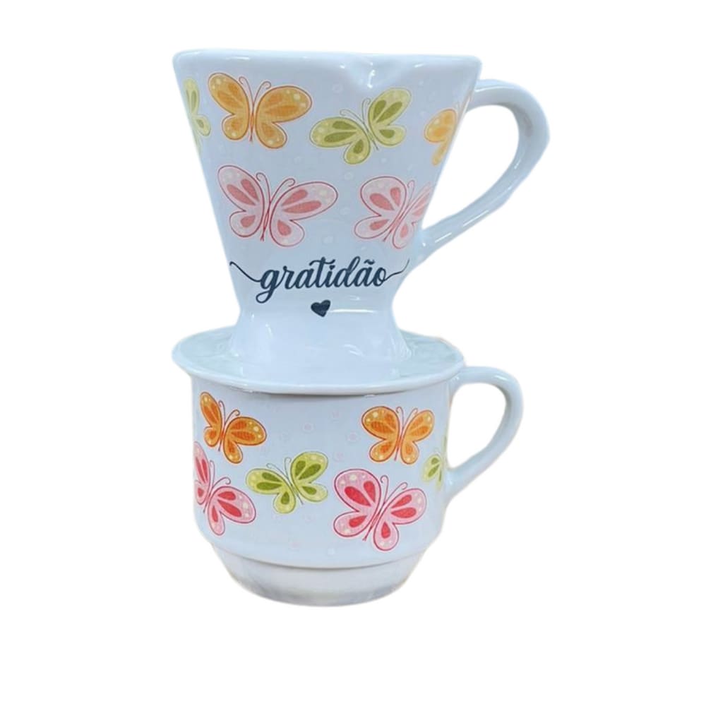 Coador de Café em Porcelana + xicara 200ml - Borboletas