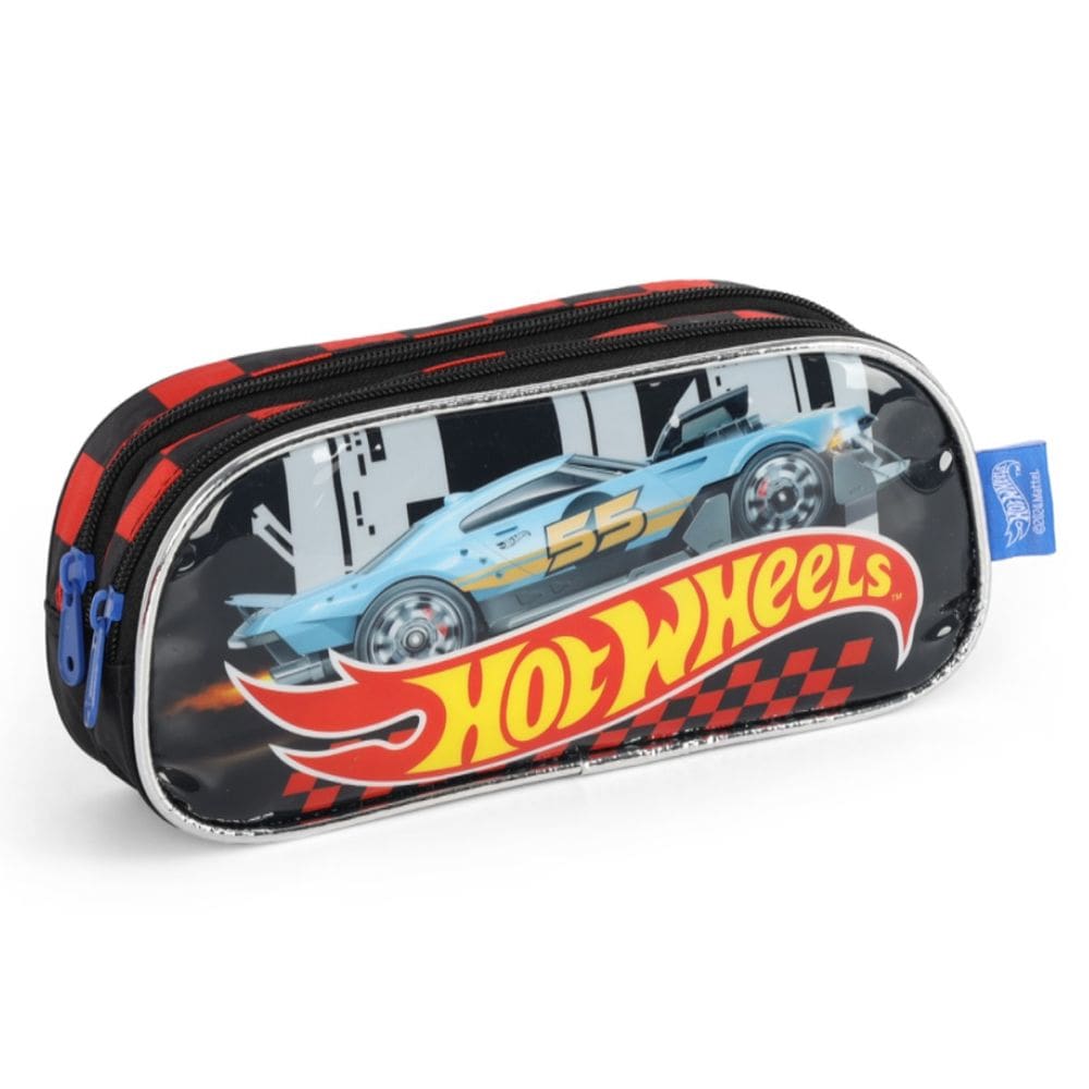 Estojo Duplo Escolar Divisórias Infantil Meninos Hotwheels Preto