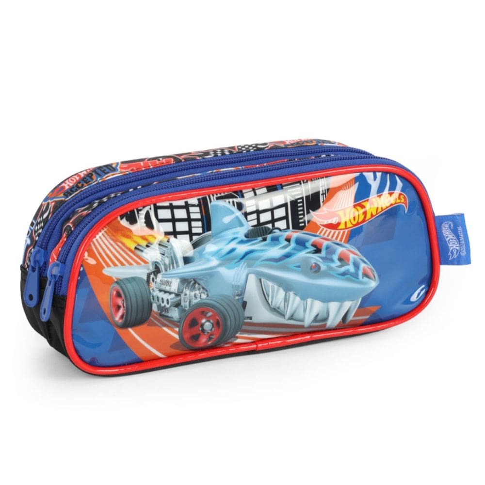 Estojo Duplo Escolar Infantil Menino Divisórias Hotwheels Azul