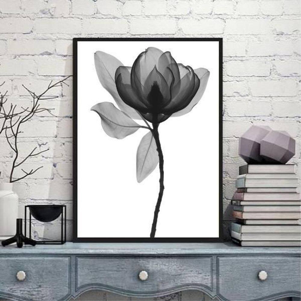 Quadro Fotografia De Flor Preto E Cinza 45X34 Madeira Preta