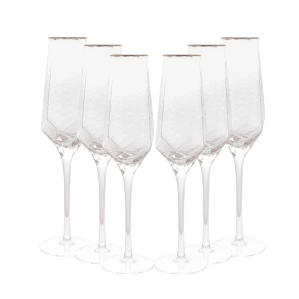 Kit 6 Taças De Champagne Cristal Borda Dourada Taj 300ml
