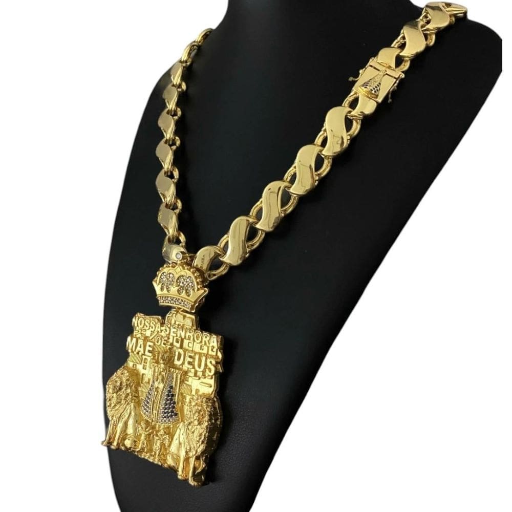 Cordão Friso S 16Mm + Pingente Nossa Senhora Banhado A Ouro