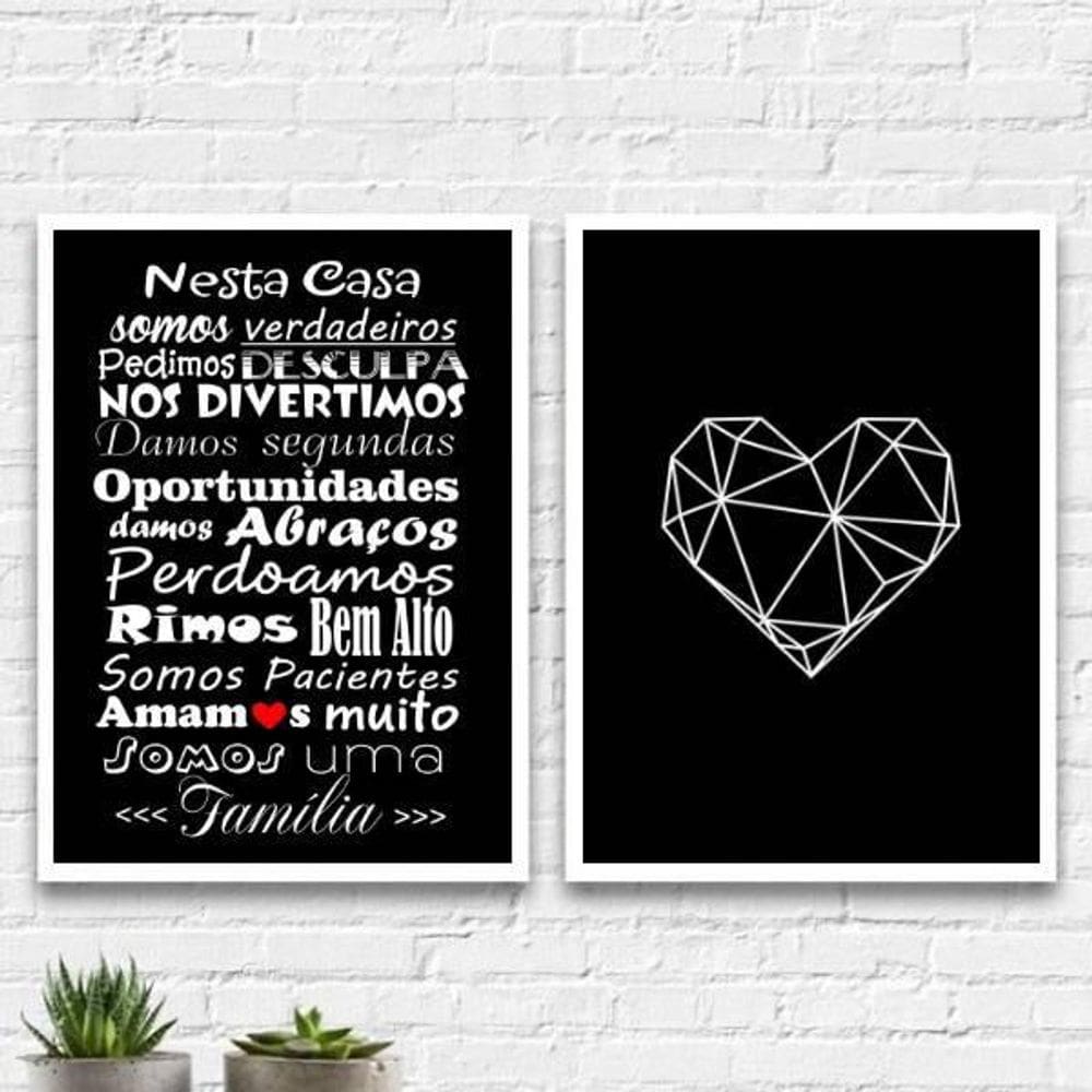 Kit 2 Quadros Frase Família Coração 45X34Cm