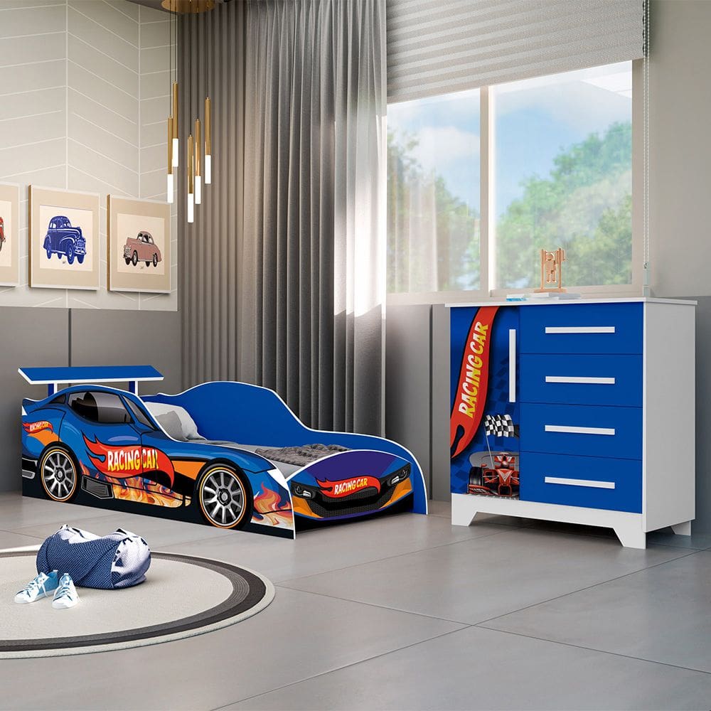 Kit Quarto Infantil Carros - Cama Solteiro Proteção Lateral com Colchão e Comoda Mdf - Azul