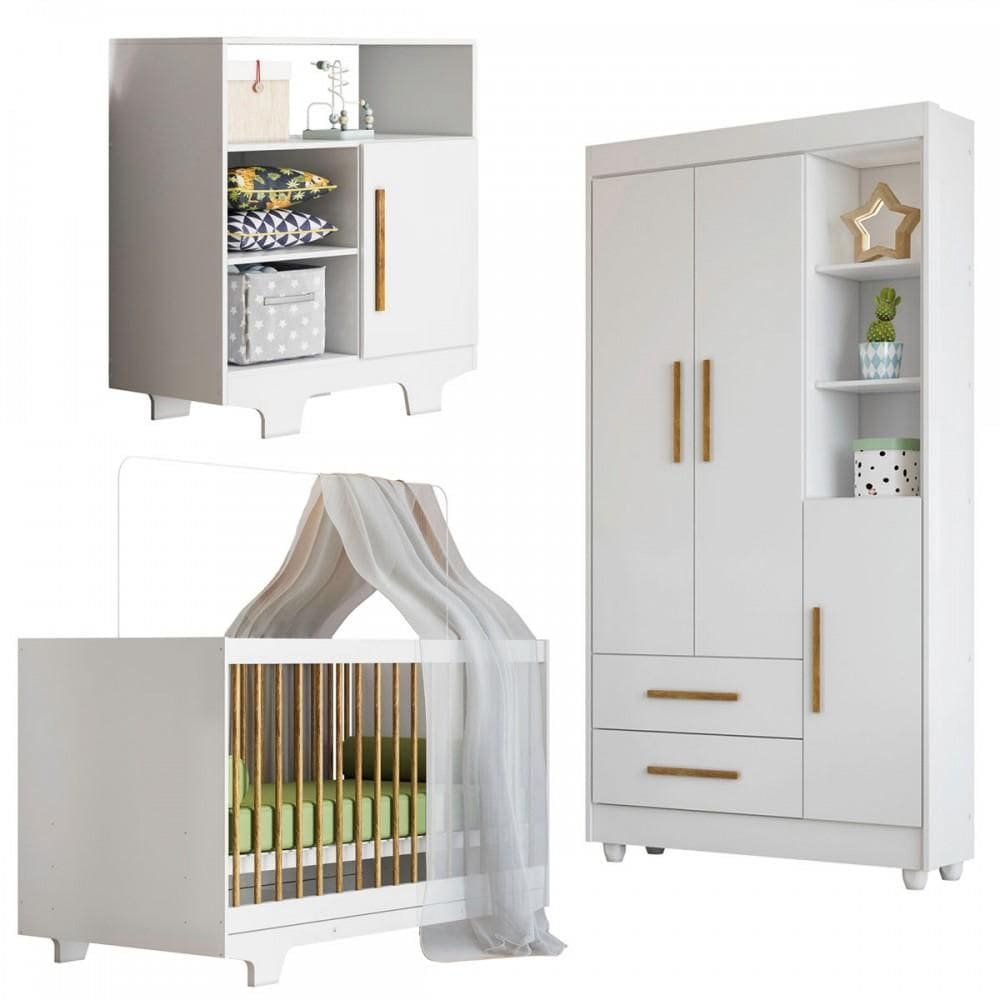 Quarto Bebê c/ Berço Mini Cama,Guarda Roupa,Cômoda e Colchão
