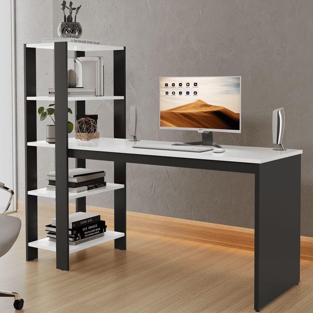 Mesa Escrivaninha Home Milão Estilo Industrial Rofemar Prateleiras Para Escritório E Quarto De Estudos Brancopreto