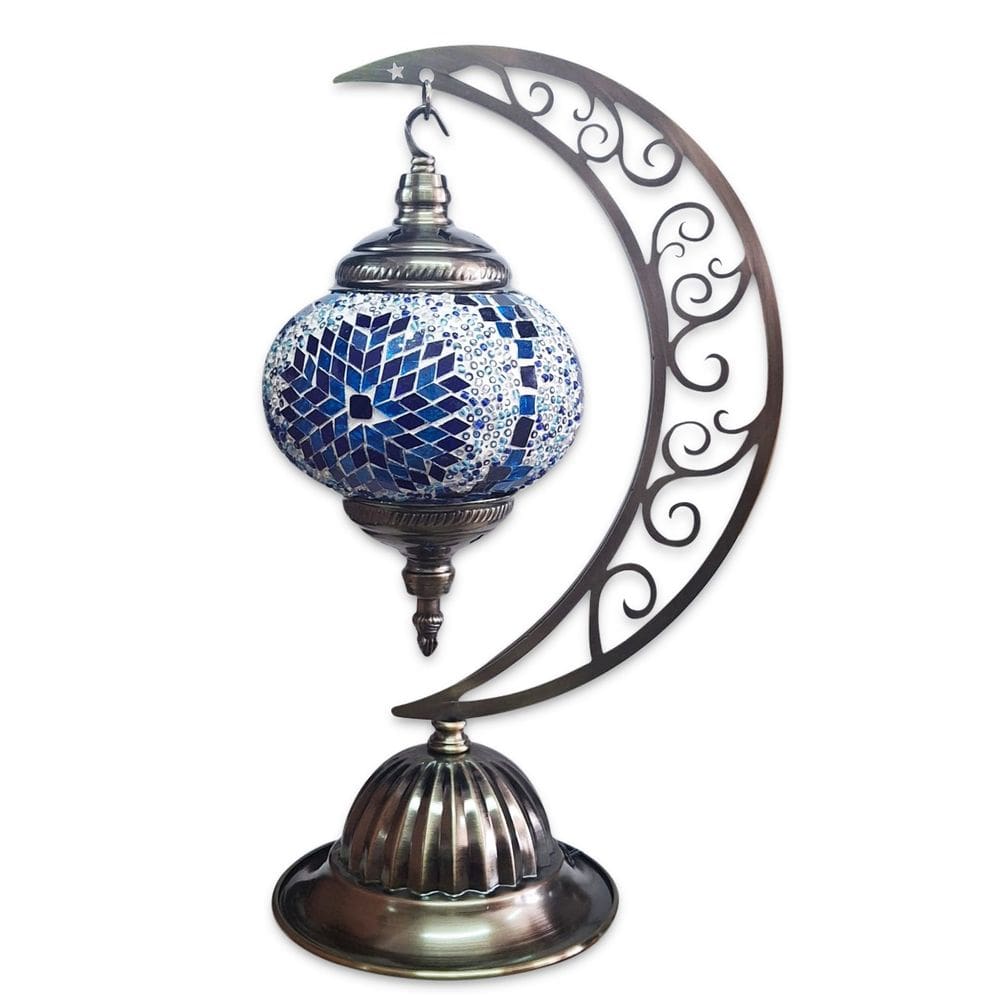 Abajur Lua Turco Mosaico Metal Colorido Azul e Branco 40 cm