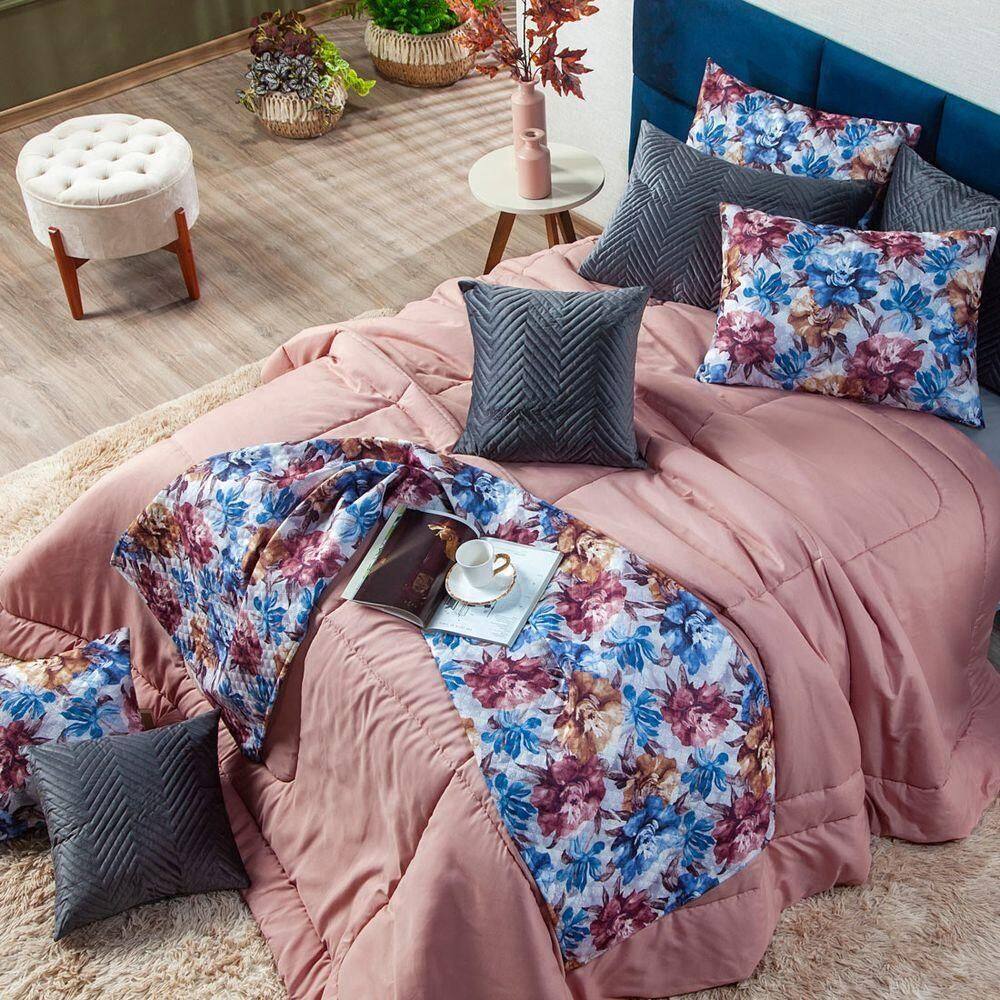 Peseira Florence Floral Azul 04 Peças Tecido Veludo