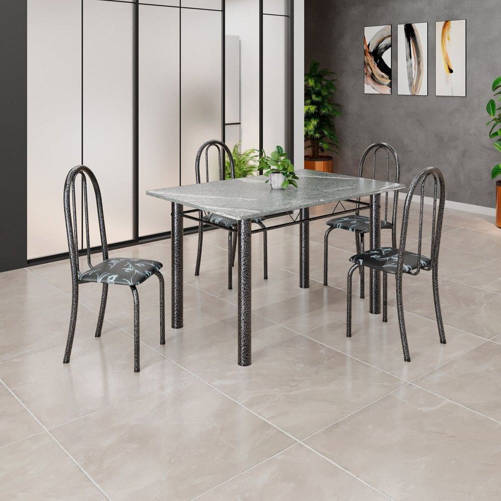 Conjunto de Mesa Tubular 120x75cm Tampo em Granito Topázio com 4 Cadeiras Iris Preto/Prata