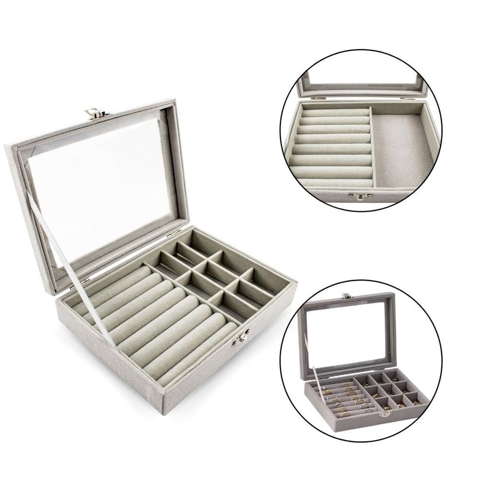 Porta Joias Maleta Organizadora Camurça Tampa Acrílica Cinza