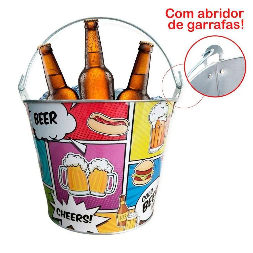 Kit 2 Baldes De Gelo Para Cerveja Estampado Em Metal Galvanizado Com Abridor 4,8 Litros